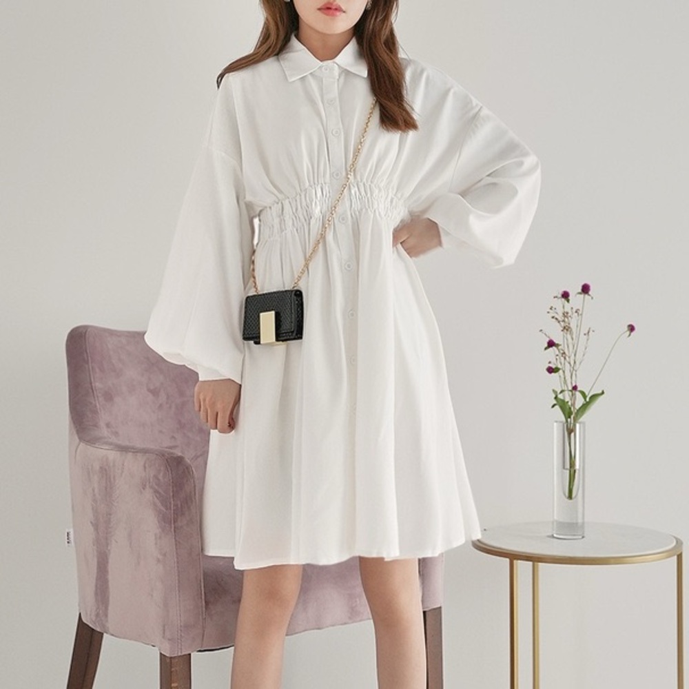 Off White Shirred Collar Dress